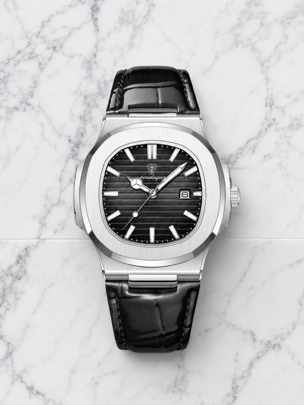 Black Leather Strap Men's Watch with Stainless Steel Case
